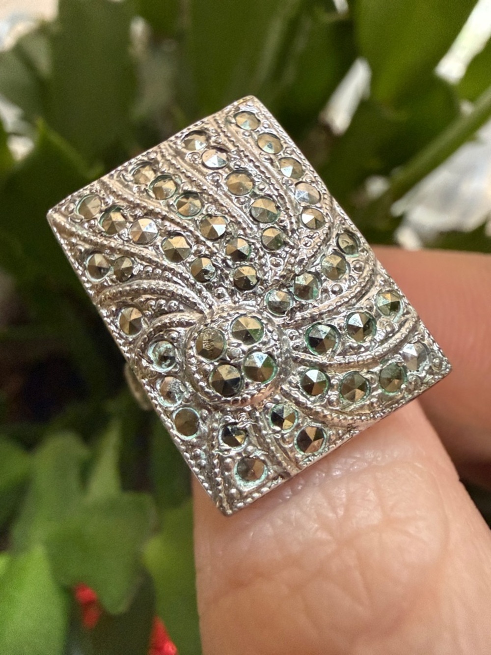Sterling Silver 925 Marcasite Pavé Rectangular Statement Ring size 6.25 - Picture 10 of 12